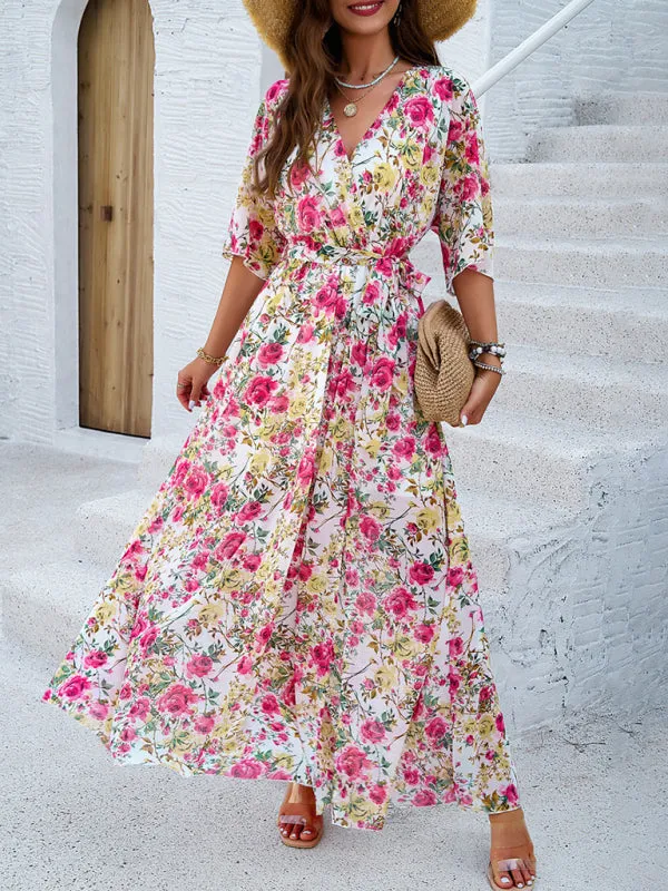 Floral Maxi Dress with V-Neck and Tie Waist
