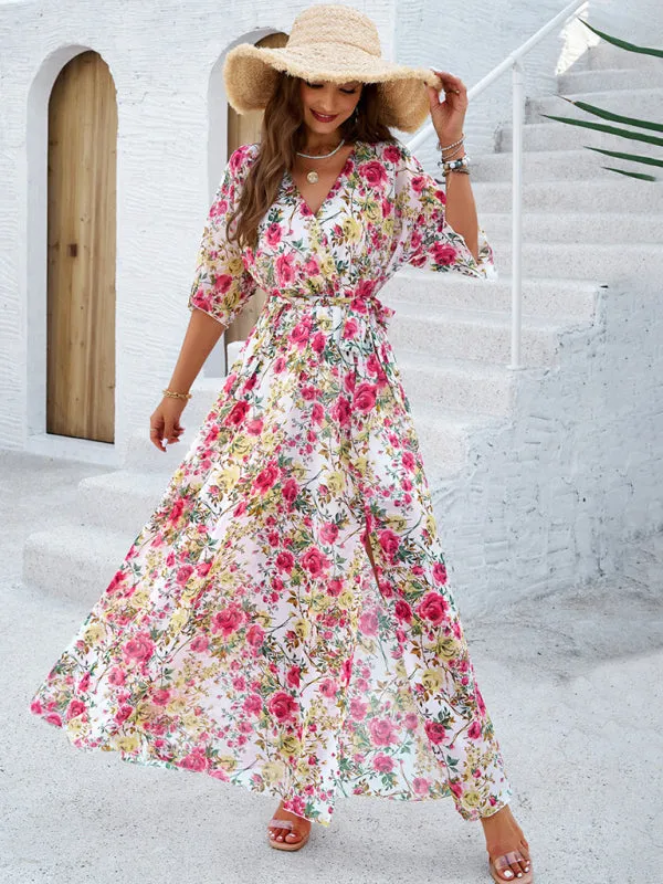 Floral Maxi Dress with V-Neck and Tie Waist