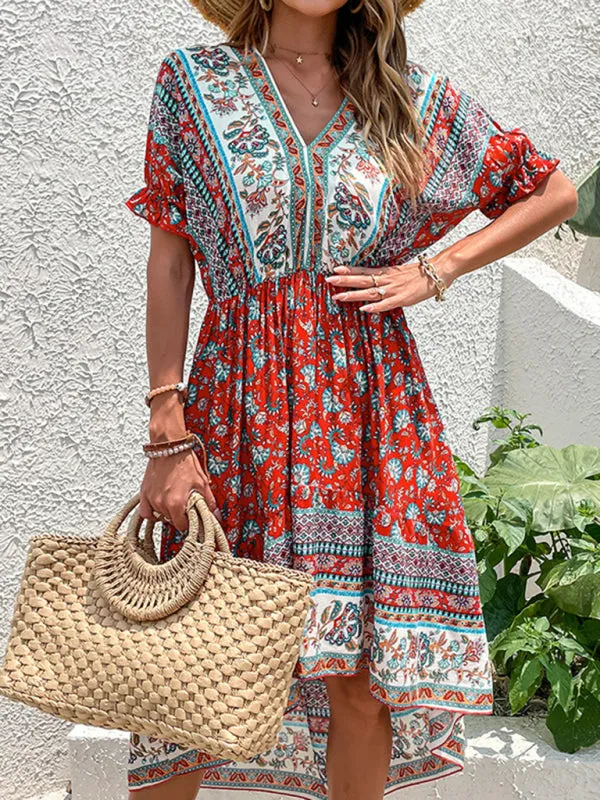 Floral Print Midi Dress with Irregular Hem and Paisley Design