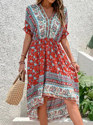 Floral Print Midi Dress with Irregular Hem and Paisley Design
