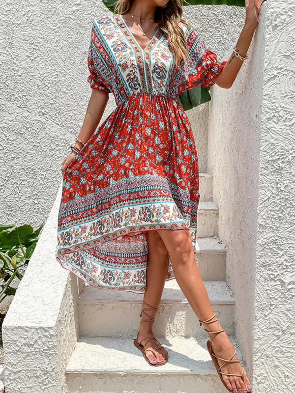 Floral Print Midi Dress with Irregular Hem and Paisley Design
