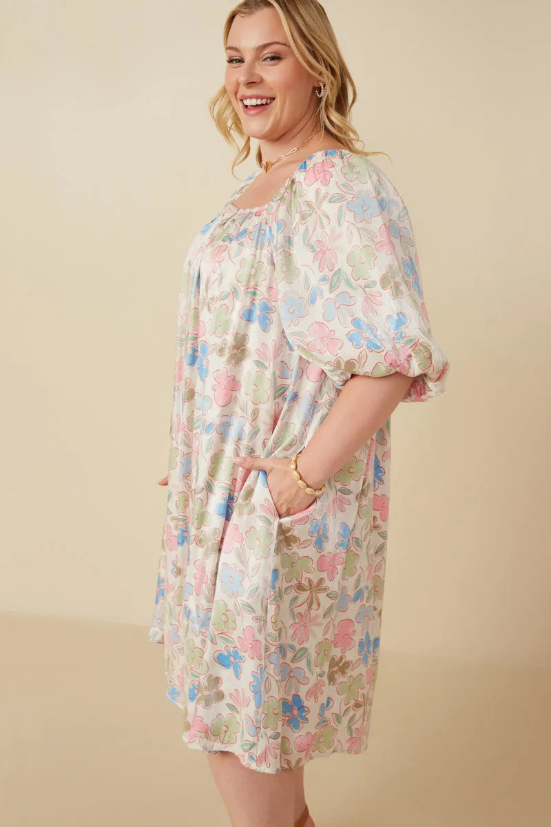 Floral Puff Sleeve Foiled Dress