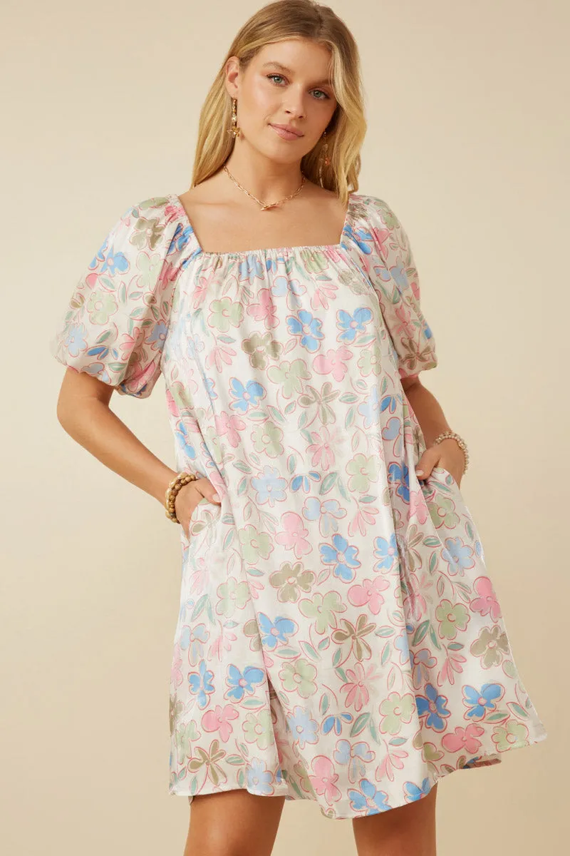 Floral Puff Sleeve Foiled Dress