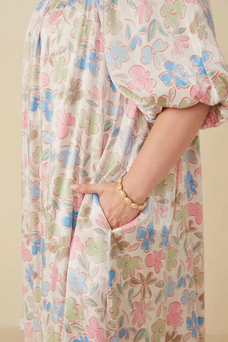 Floral Puff Sleeve Foiled Dress