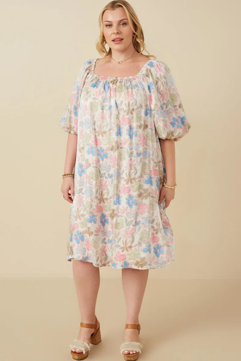 Floral Puff Sleeve Foiled Dress