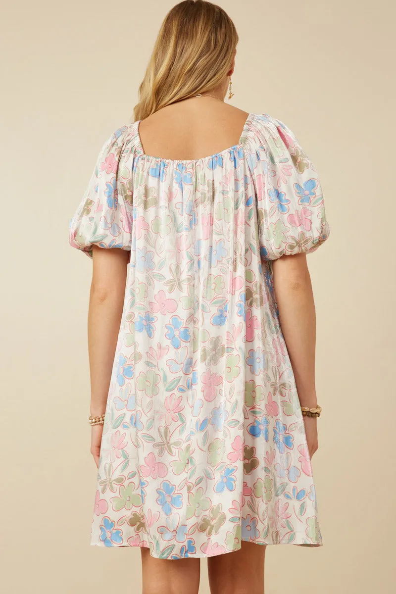 Floral Puff Sleeve Foiled Dress