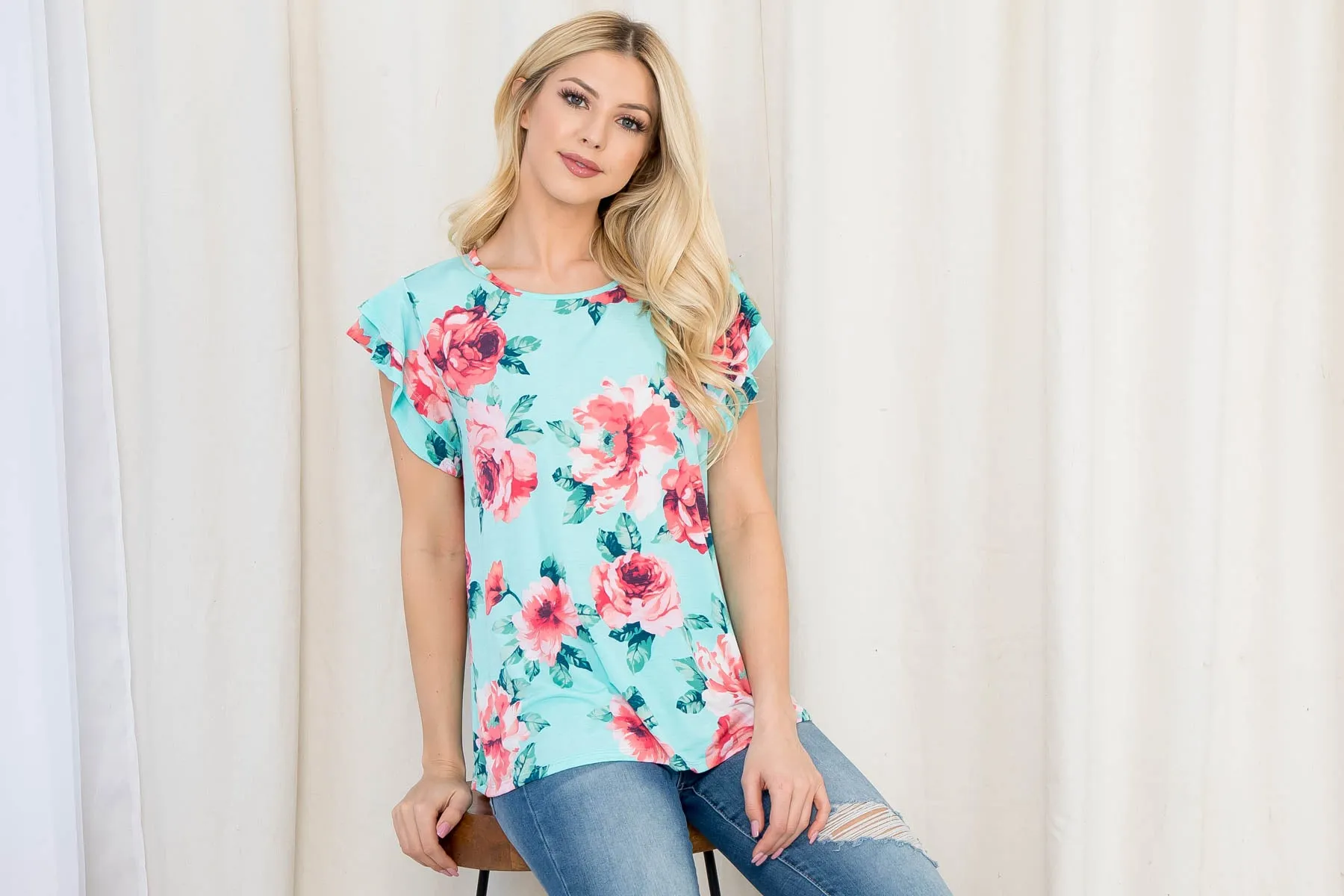 Floral Ruffle Sleeve Round Neck Top