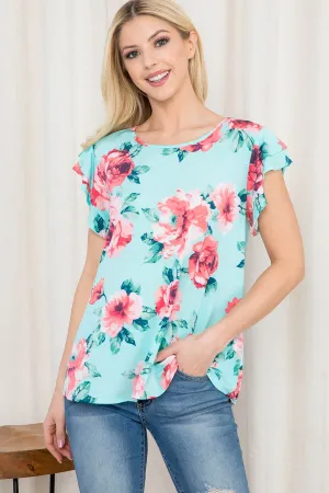 Floral Ruffle Sleeve Round Neck Top