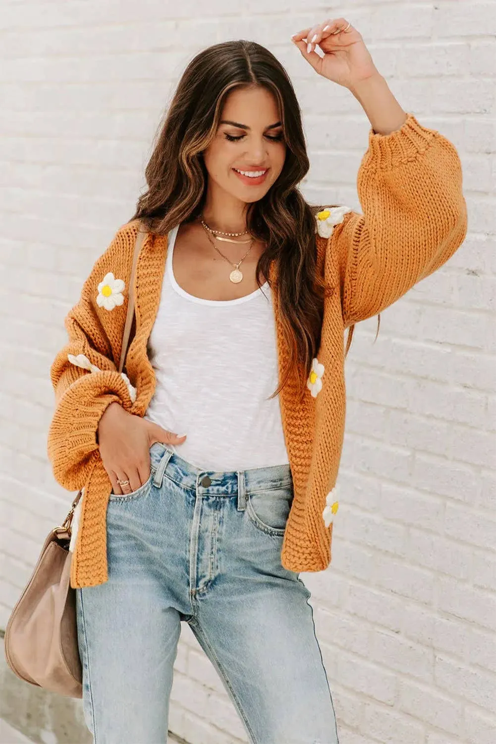 Flower Applique Bubble Sleeve Cardigan