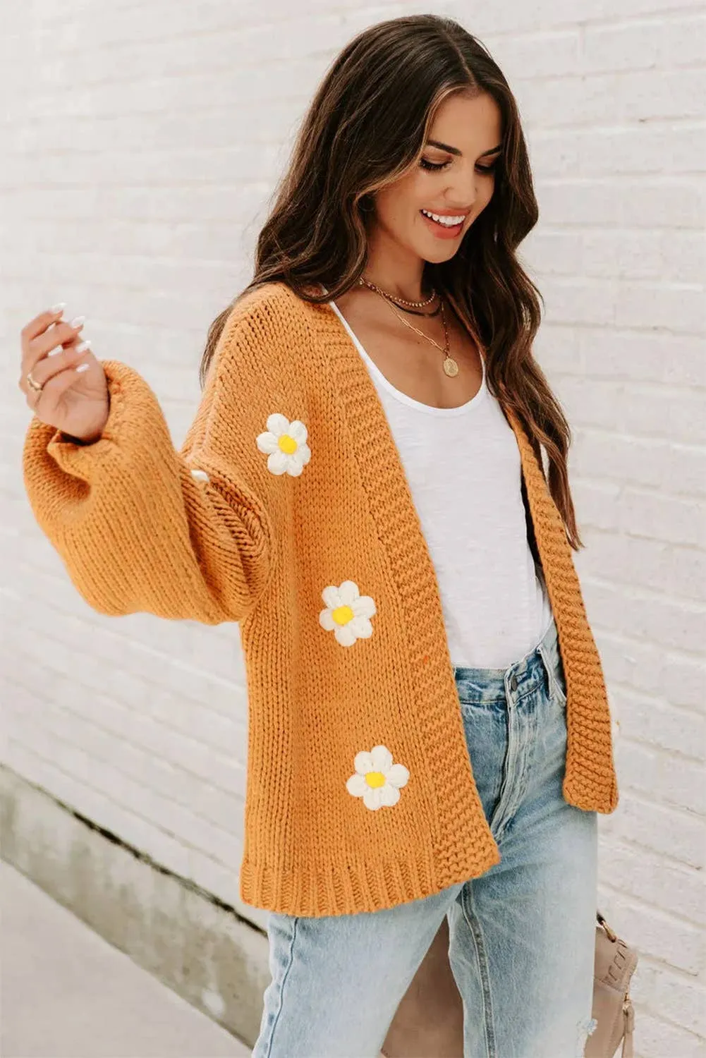 Flower Applique Bubble Sleeve Cardigan
