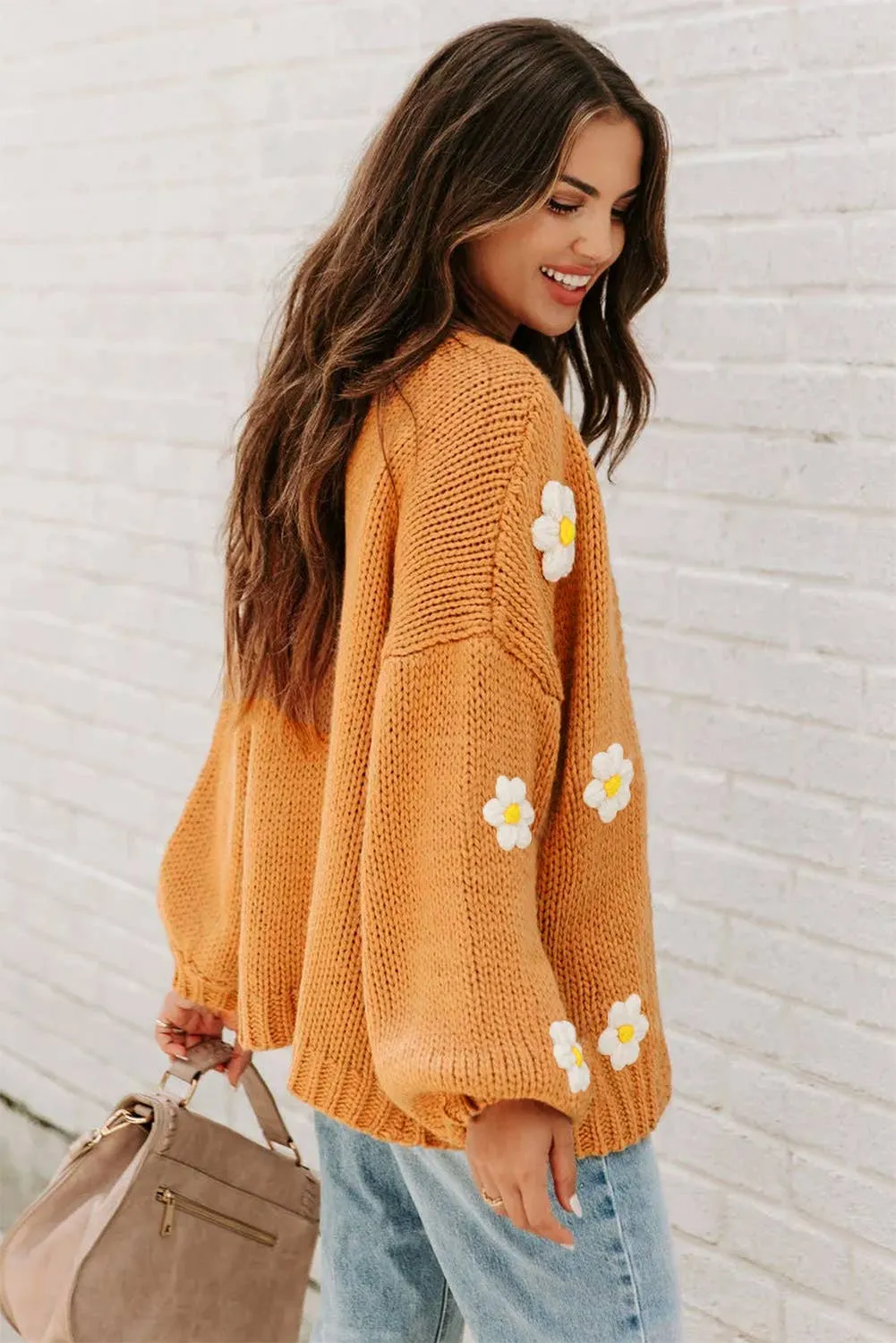 Flower Applique Bubble Sleeve Cardigan