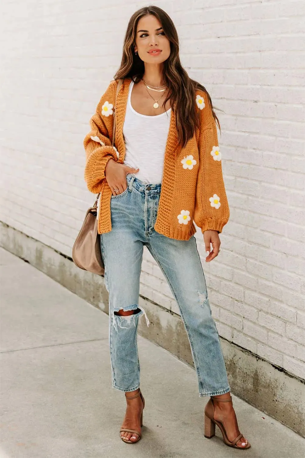 Flower Applique Bubble Sleeve Cardigan