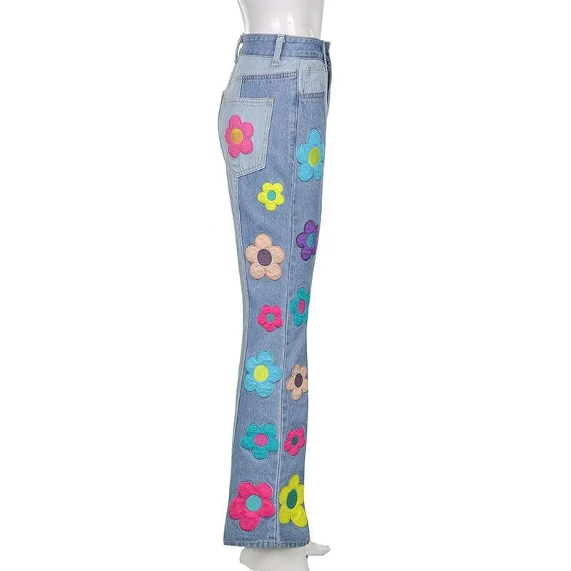 Flower embroidery patchwork contrast medium rise flared jeans - Final Sale