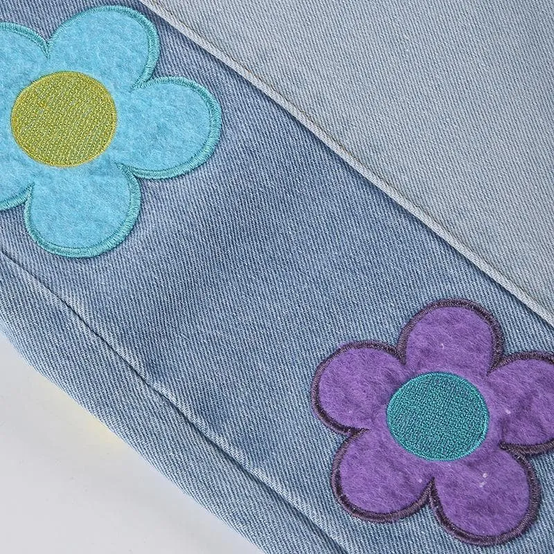 Flower embroidery patchwork contrast medium rise flared jeans - Final Sale
