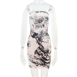 Flowers pattern off shoulder backless contrast tube dress