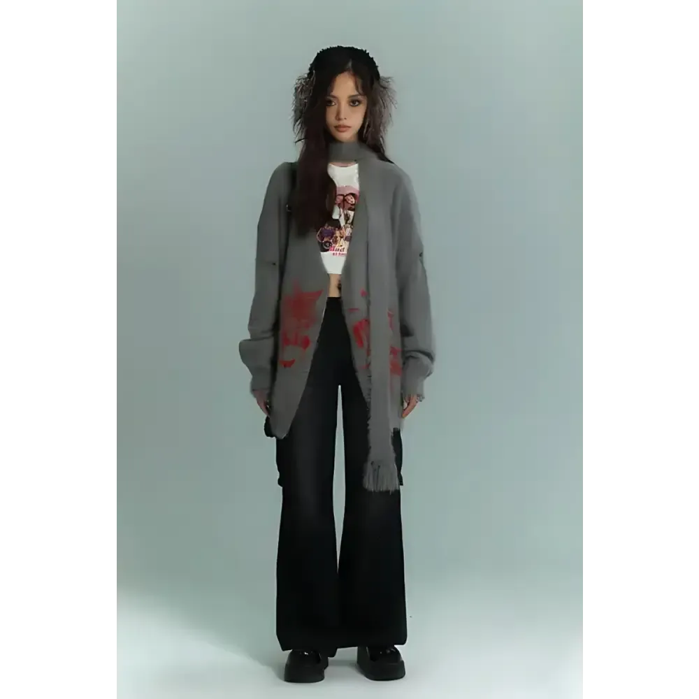 Fluffy Cardigan with Soft Touch Knit and Red Print Details