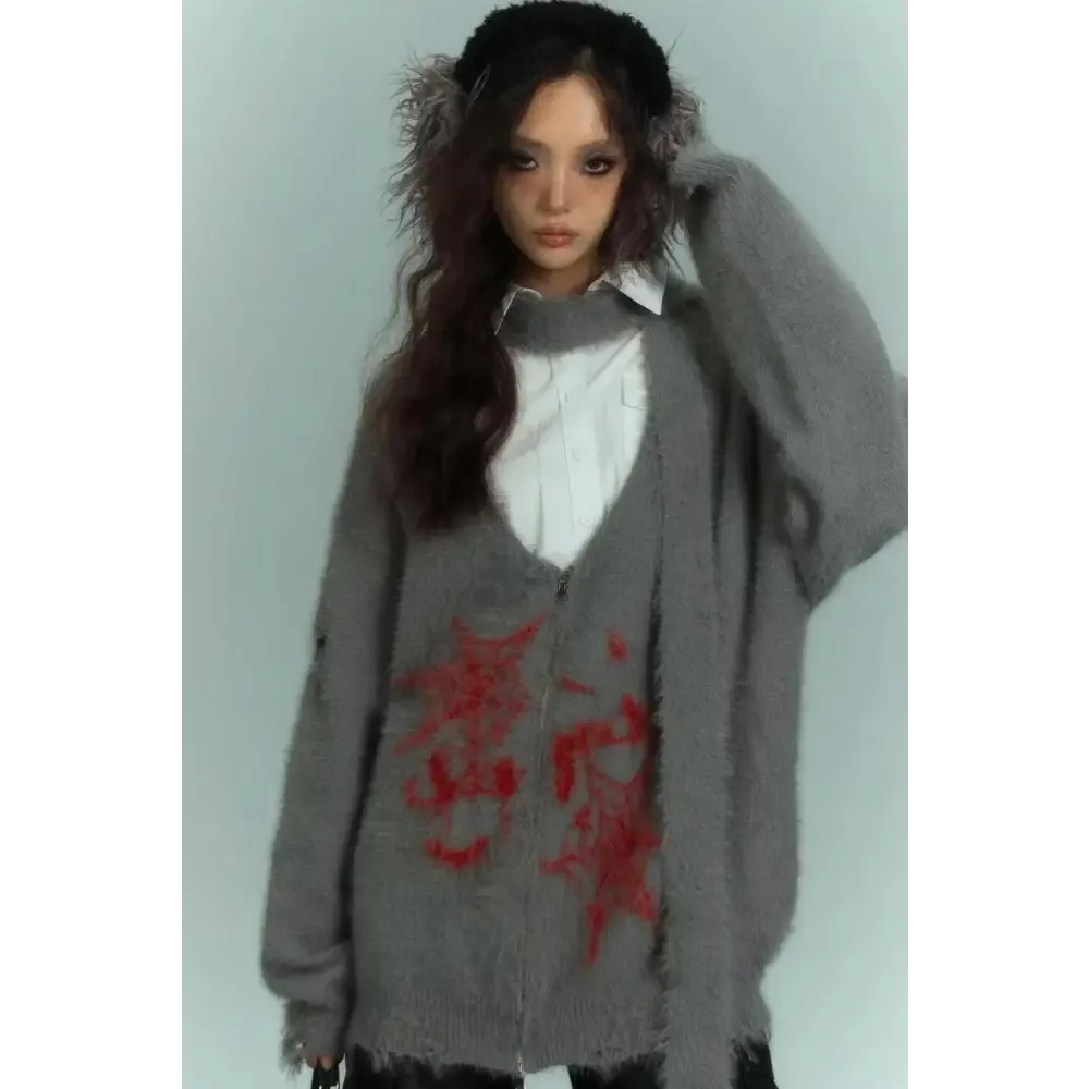 Fluffy Cardigan with Soft Touch Knit and Red Print Details