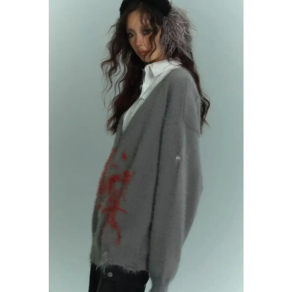Fluffy Cardigan with Soft Touch Knit and Red Print Details