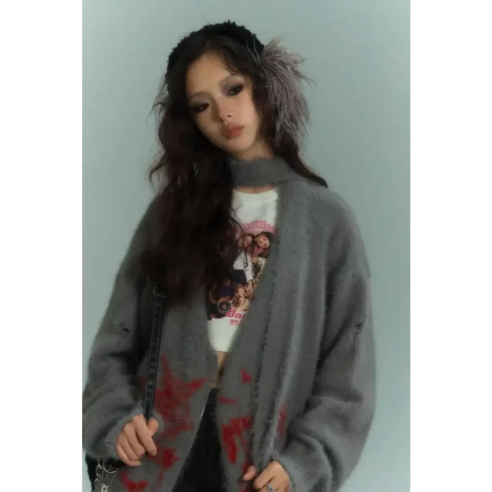 Fluffy Cardigan with Soft Touch Knit and Red Print Details