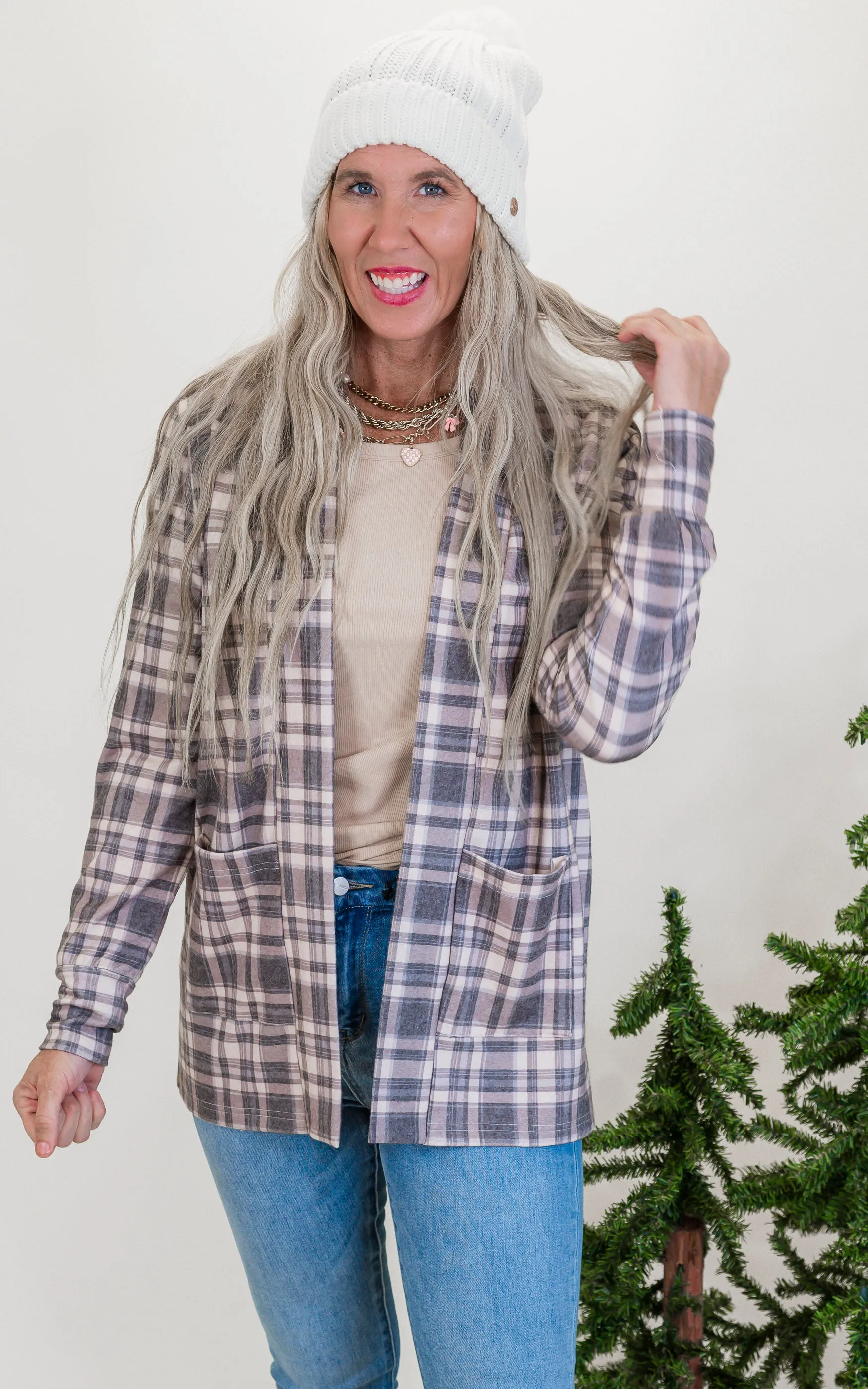 Forever Favorite Plaid Cardigan in Taupe Grey #6 | Salty Wave *DEAL-FINAL SALE