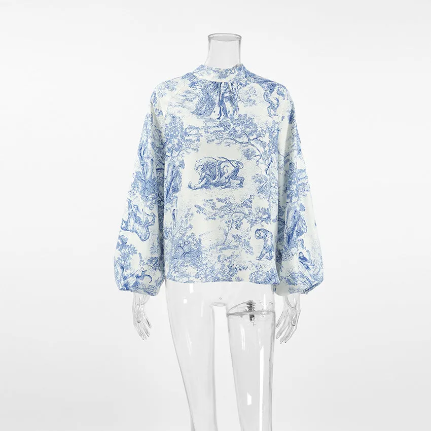 French Loose Lantern Sleeve Tie Neck Printed Top