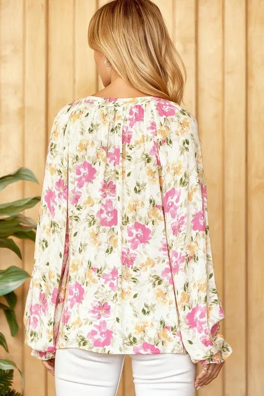 Fun Floral Top With Split Neckline