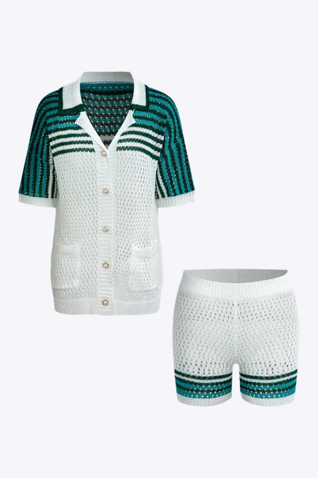 Ginger - Casual Striped Charm Woman's Cardigan and Shorts Set
