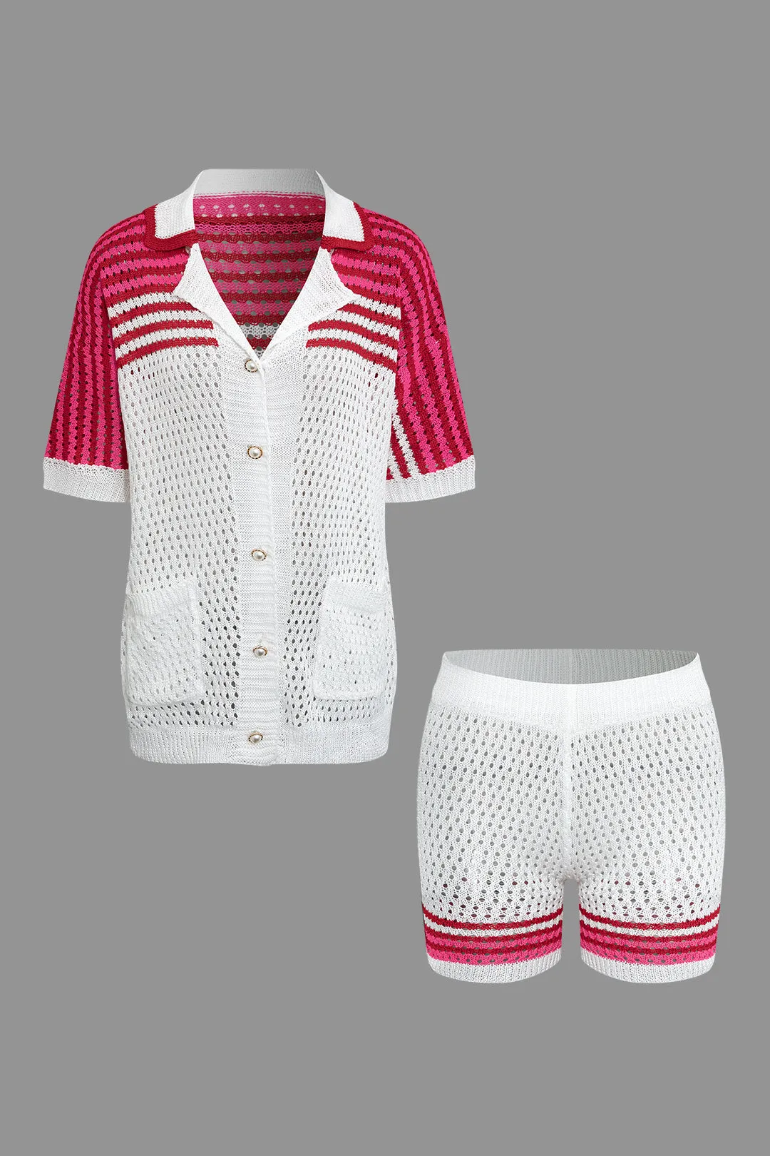 Ginger - Casual Striped Charm Woman's Cardigan and Shorts Set