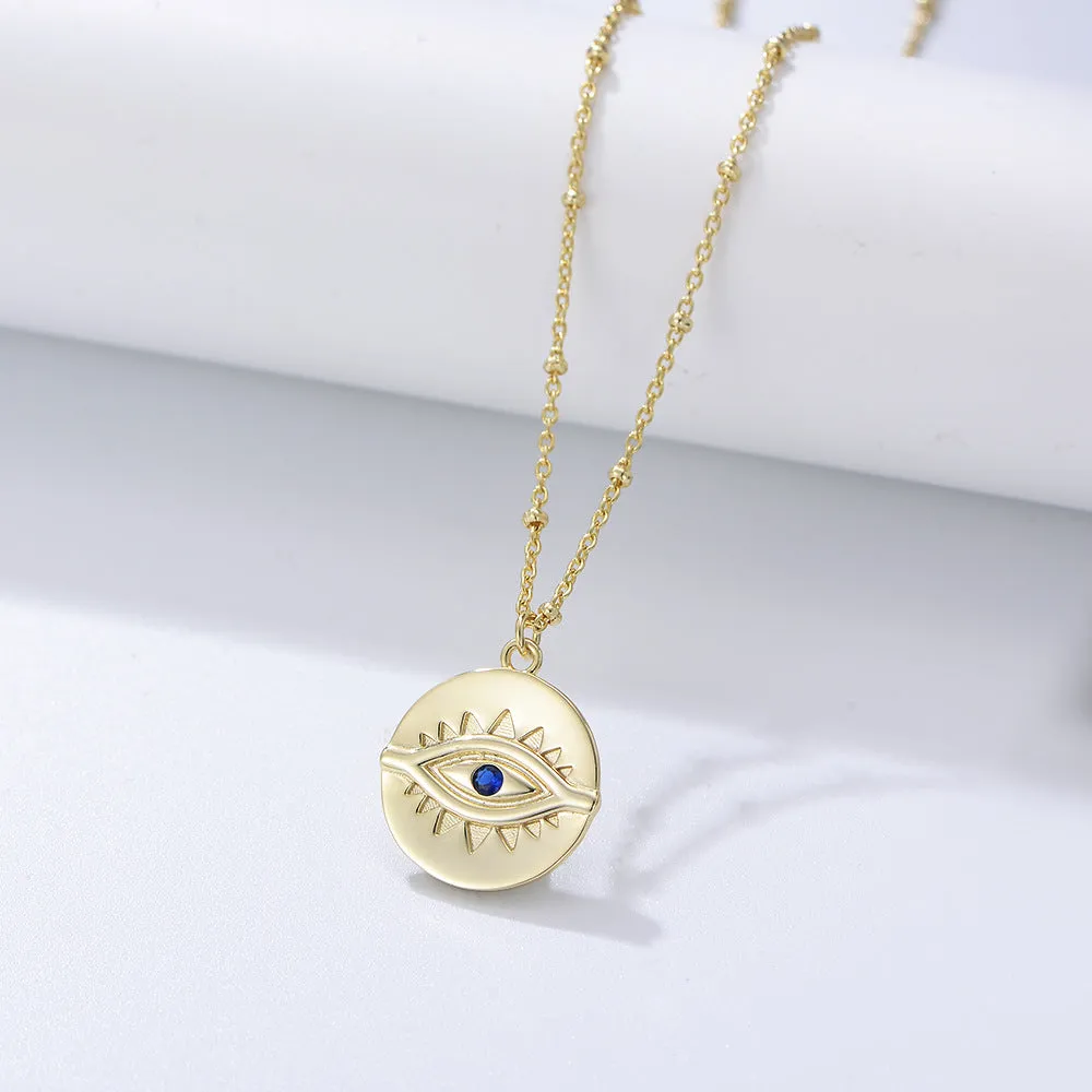 Gold-plated devil's eye S925 sterling silver retro round coin female necklace European and American ins light luxury eye clavicle chain