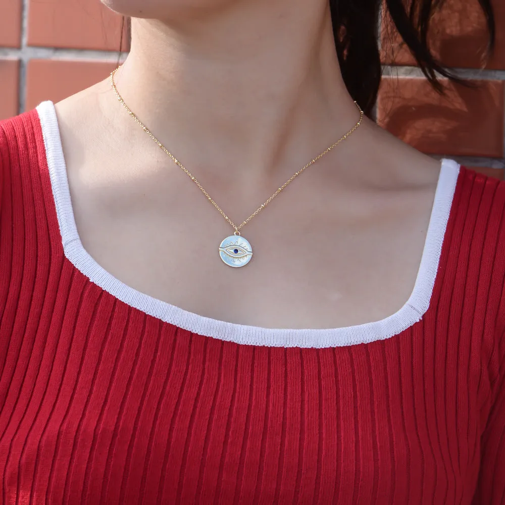 Gold-plated devil's eye S925 sterling silver retro round coin female necklace European and American ins light luxury eye clavicle chain
