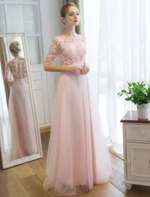 Gorgeous Evening Dresses Long Soft Pink Half Sleeve Lace Tulle Formal Evening Lace Applique Maxi Party Dress