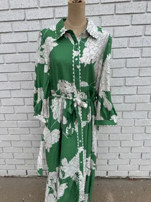 Green and White Floral Dress with Waist Tie