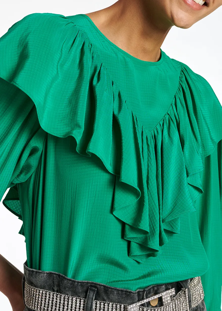 Green fluid loose-fit top with ruffles