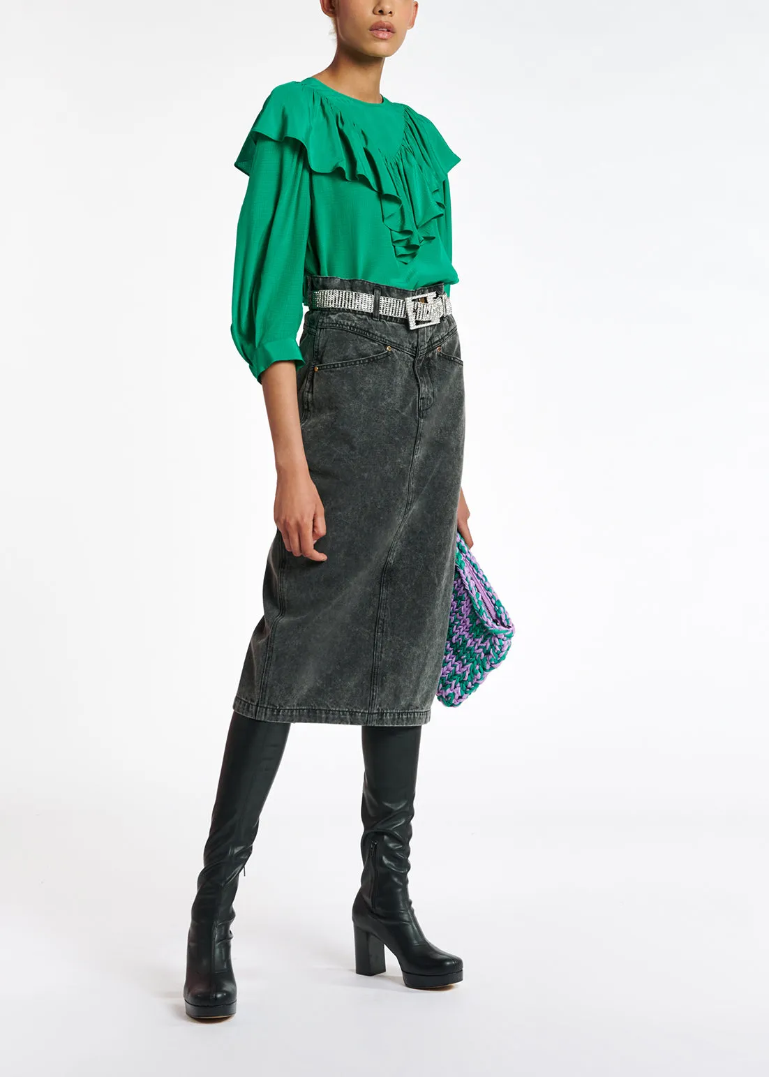 Green fluid loose-fit top with ruffles