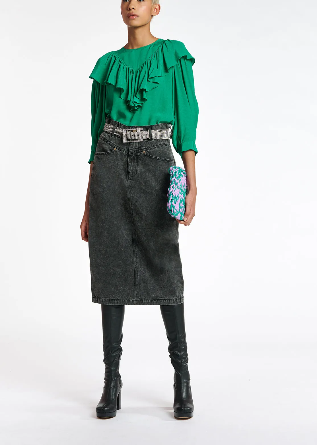 Green fluid loose-fit top with ruffles