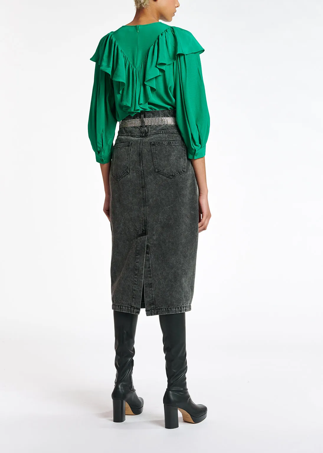 Green fluid loose-fit top with ruffles