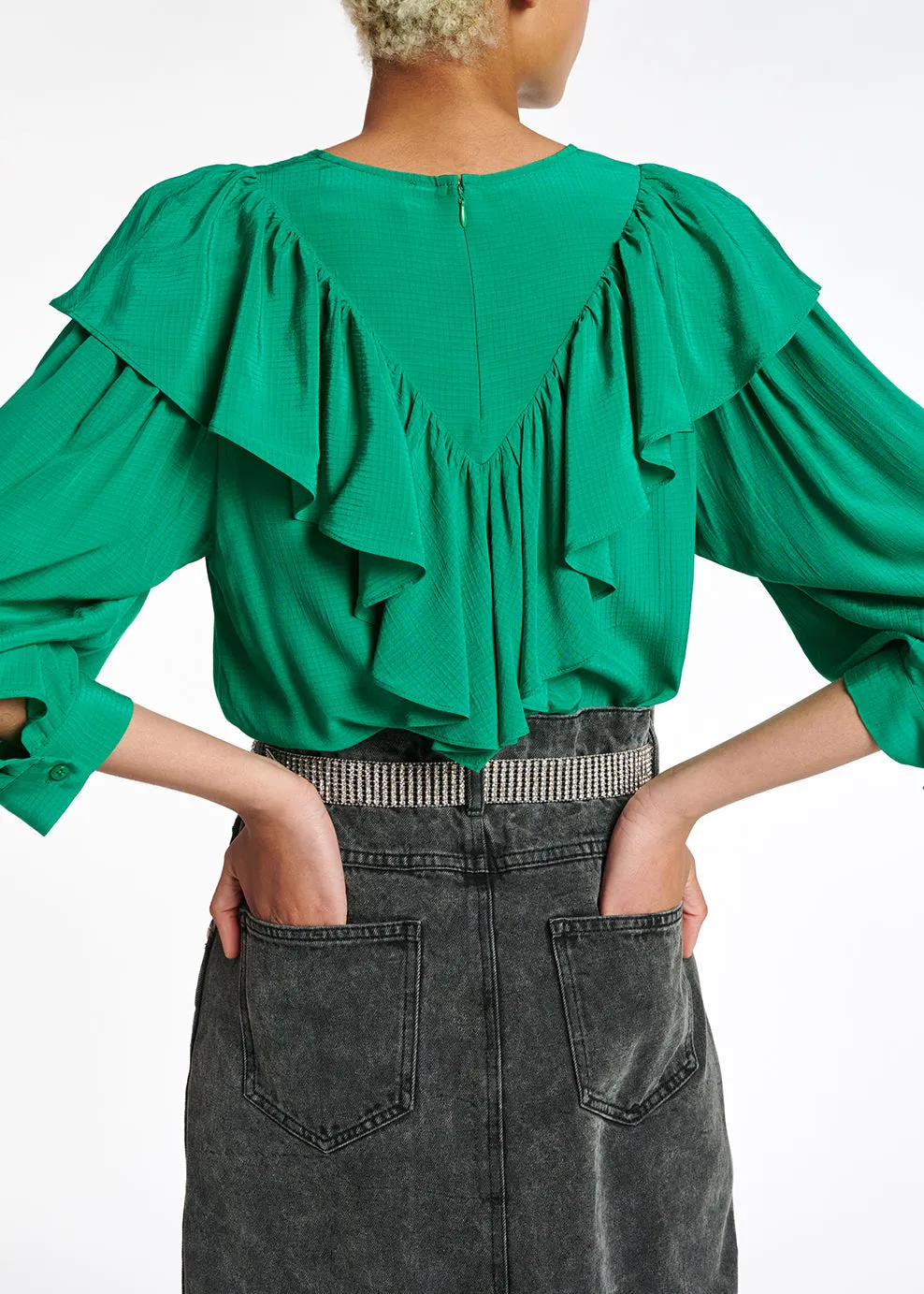 Green fluid loose-fit top with ruffles