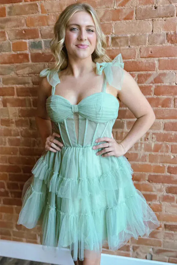 Green Tulle A-Line Spaghetti Straps Tiered Short Homecoming Dresses, MH650