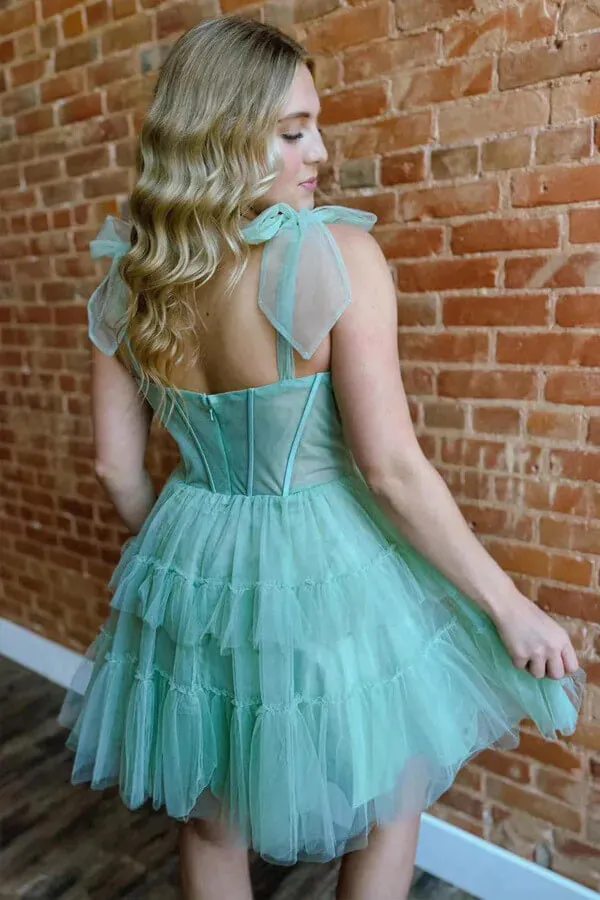 Green Tulle A-Line Spaghetti Straps Tiered Short Homecoming Dresses, MH650