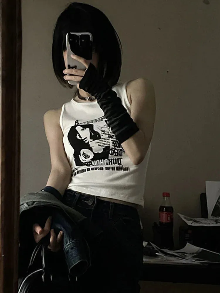 Grunge Print Sleeveless Tank Top for Women