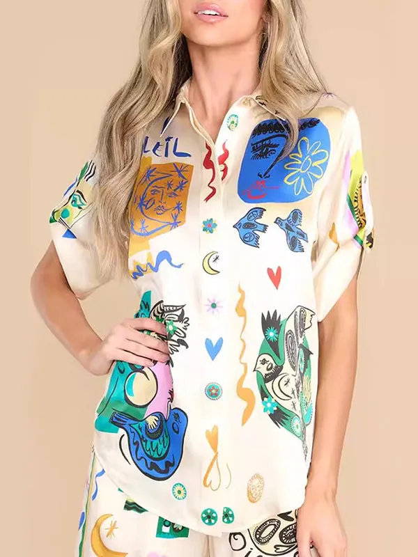Half Sleeves Loose Animal Printed Buttoned Figure Lapel Blouses&Shirts Tops
