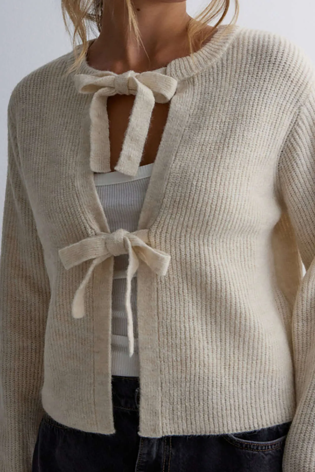Heather - Solid Knit Tie-Up Woman's Cardigan