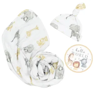 Hello World Baby Jersey Wrap Gift Set - Savanna Babies