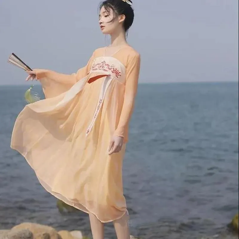 Improved Fairy National Style Full Chest Style Pure Color Embroidery Fairy Dress with Chinese Elements Spring and Summer Dress