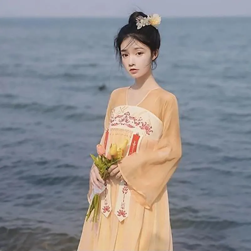 Improved Fairy National Style Full Chest Style Pure Color Embroidery Fairy Dress with Chinese Elements Spring and Summer Dress