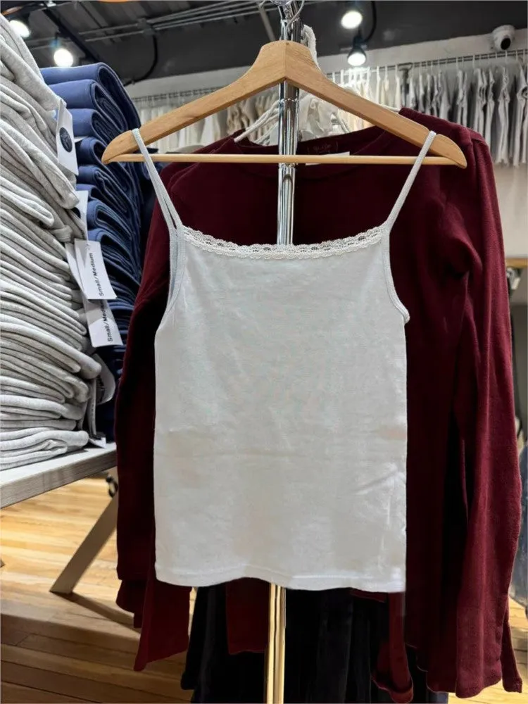 JazzHer Blue Bow Lace Trim Slim Tank Top Women Simple Basic Sweatwear Sleeveless Cotton Slim Camis Sweet Cute Simple Vest Tops Y2K New