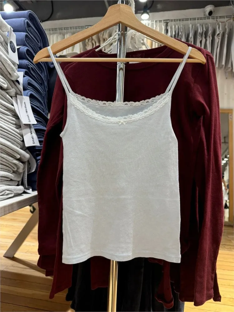 JazzHer Blue Bow Lace Trim Slim Tank Top Women Simple Basic Sweatwear Sleeveless Cotton Slim Camis Sweet Cute Simple Vest Tops Y2K New