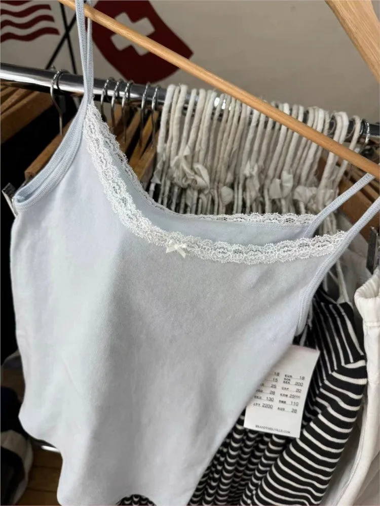 JazzHer Blue Bow Lace Trim Slim Tank Top Women Simple Basic Sweatwear Sleeveless Cotton Slim Camis Sweet Cute Simple Vest Tops Y2K New