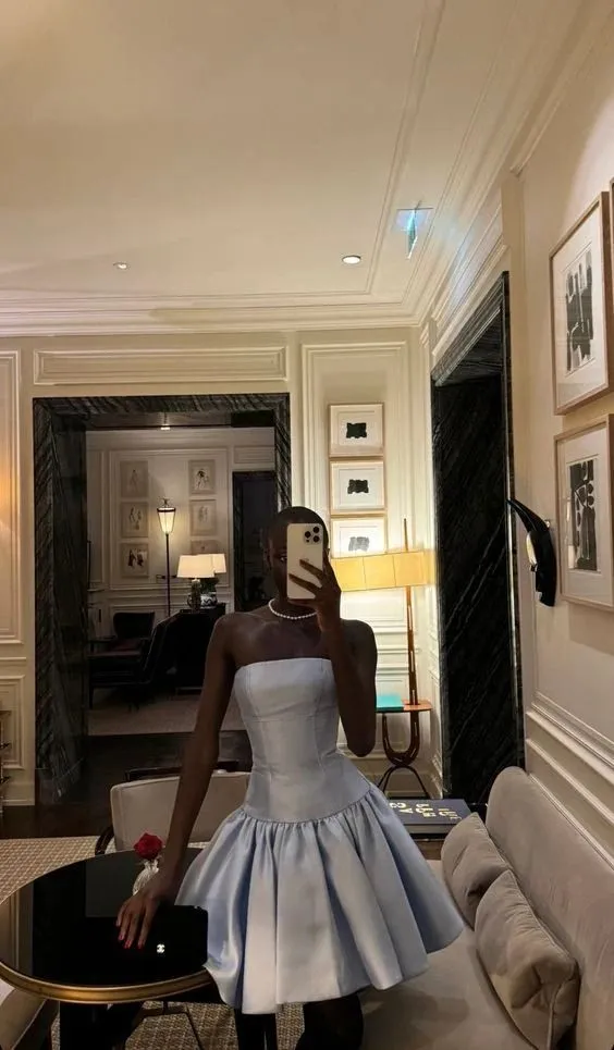 JazzHer Chic A line Strapless Light Sky Blue Satin Short Party Dresses Homecoming Dresses BD (PRE-ORDER)