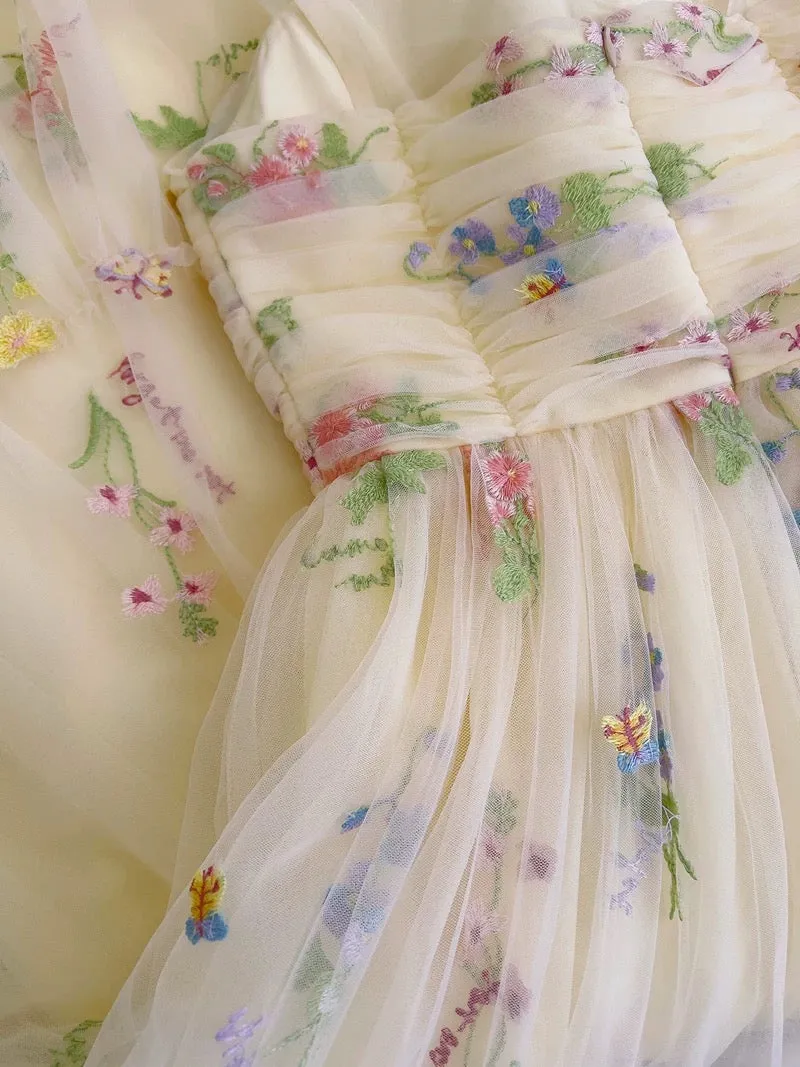 JazzHer Simple A line Spaghetti Straps Floral Tulle Yellow Homecoming Dress Birthday Dresses (PRE-ORDER)